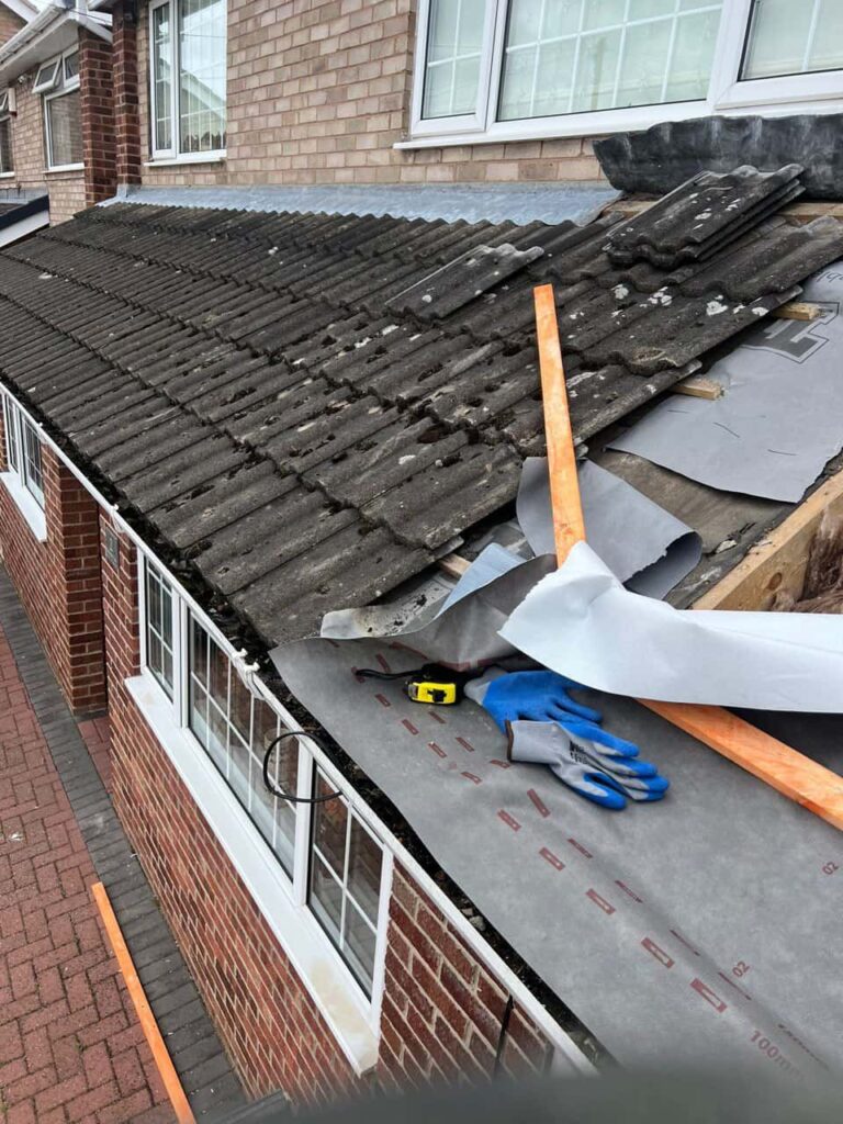 This is a photo of a pitched roof which is being repaired. The existing roof was leaking badly. Works carried out by Coseley Roofing Repairs